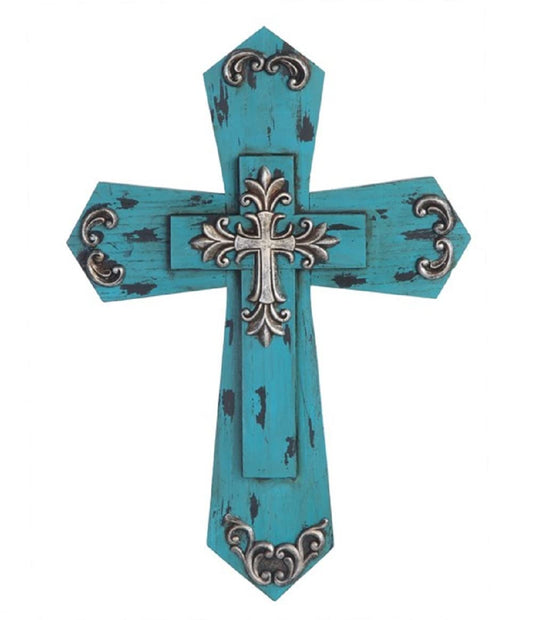 ICE ARMOR 15.75"H Decorative Wood Cross in Turquoie Religious Statue Wall Decoration Figurine