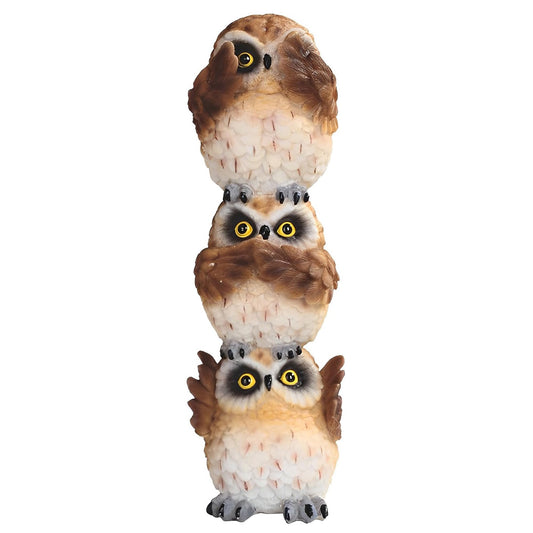 ICE ARMOR 8" H Hear-No, See-No, Speak-No Evil Stacked Owls Statue Wild Animal Decoration Figurine