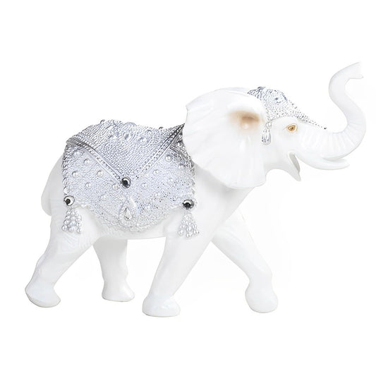 ICE ARMOR 9.75" W Silver and White Thai Elephant with Trunk Up Statue Feng Shui Decoration Religious Figurine