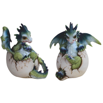 ICE ARMOR 2-PC 3.25" H Set Green/Blue Baby Dragon in Egg Statue Fantasy Decoration Figurine