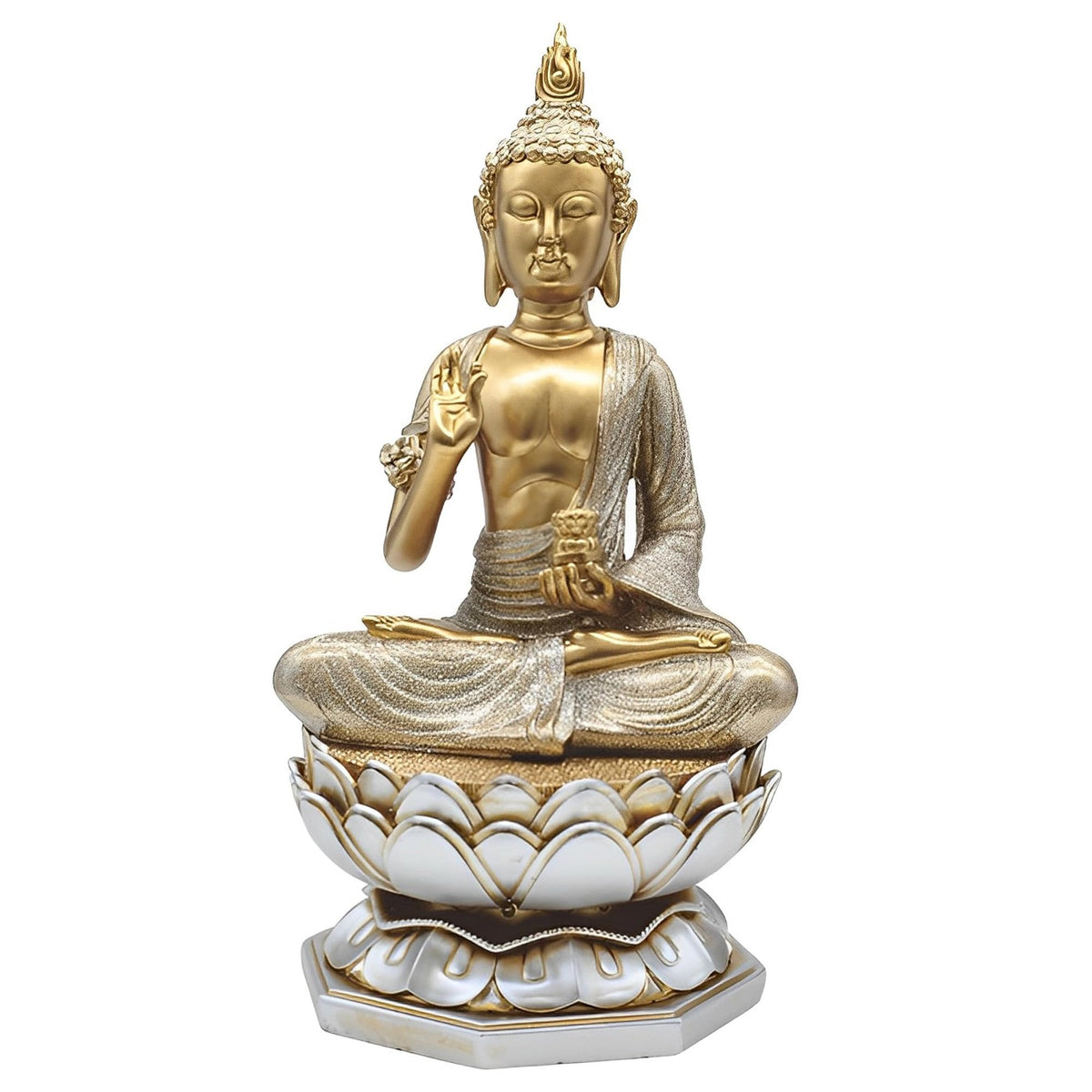 ICE ARMOR 11" H Earth Touching Thai Buddha on Lotus Seat in Gold and Silver Statue Feng Shui Decoration Religious Figurine