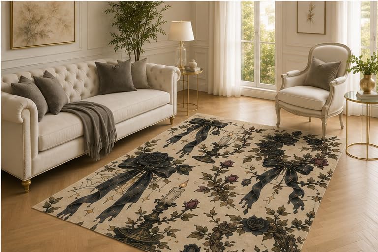 ICE ARMOR 5' x 7' Black Rose Ribbon Rug, Candle Vine and Floral Artwork, Smooth Printed Floor Cover for Bedroom, Dressing Room, Office and Gothic Decor