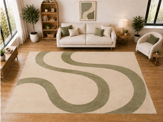 ICE ARMOR "Ultra Light Weight Large 6'7 x 9'10 Sage Flowing Curve Pattern Area Rug for Living Room Bedroom Dining Room Soft Low Pile Indoor Carpet Modern Minimalist Floor Decor