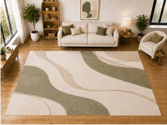 ICE ARMOR "Ultra Light Weight Large 6'7 x 9'10 Sage Flowing Wave Pattern Area Rug for Living Room Bedroom Dining Room Soft Low Pile Indoor Carpet Modern Minimalist Floor Decor