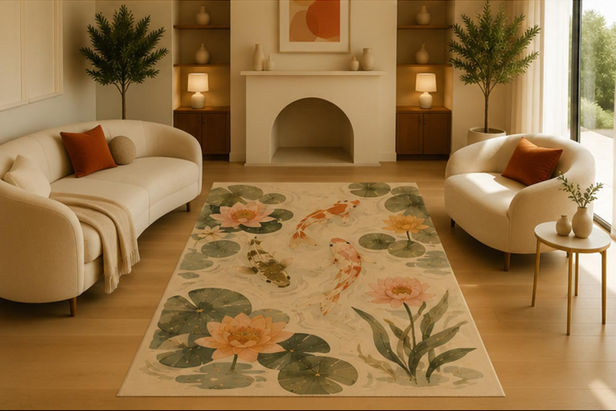 ICE ARMOR 5' x 7' Koi Fish Lotus Area Rug for Living Room, Soft Low Pile Indoor Rug with Non-Slip Silicone Backing, Decorative Carpet for Bedroom, Office, Zen Spa & Meditation Room, Ivory