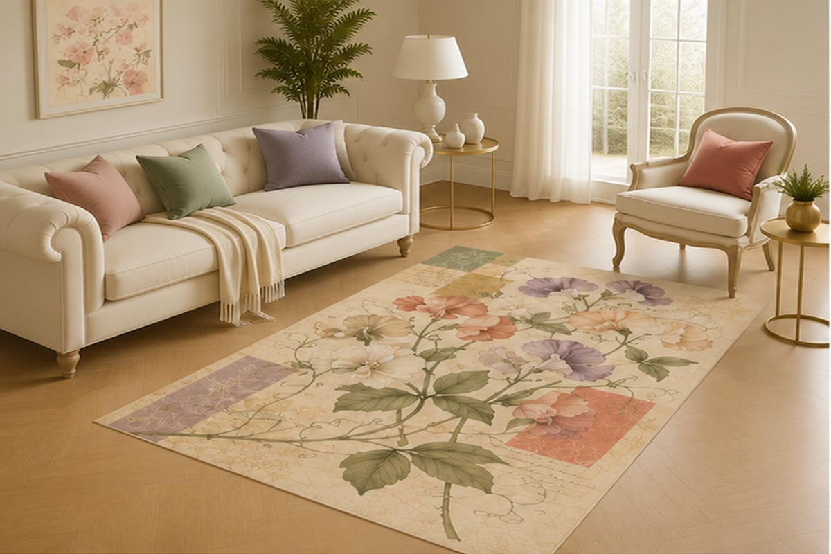 ICE ARMOR 5' x 7' Morning Glory Ephemera Area Rug for Living Room, Soft Low Pile Floor Cover with Non-Slip Silicone Backing for Bedroom, Study, Nursery, Kids and Pets