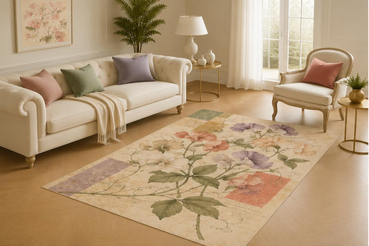 ICE ARMOR 5' x 7' Morning Glory Ephemera Area Rug for Living Room, Soft Low Pile Floor Cover with Non-Slip Silicone Backing for Bedroom, Study, Nursery, Kids and Pets