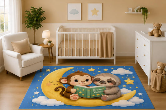 ICE ARMOR 5' x 7' Watercolor Monkey and Sloth Reading on Moon Nursery Area Rug, Cute Animal Storytime Kids Bedroom Playroom Decor Carpet, Non-Slip Silicone Backing Low Pile