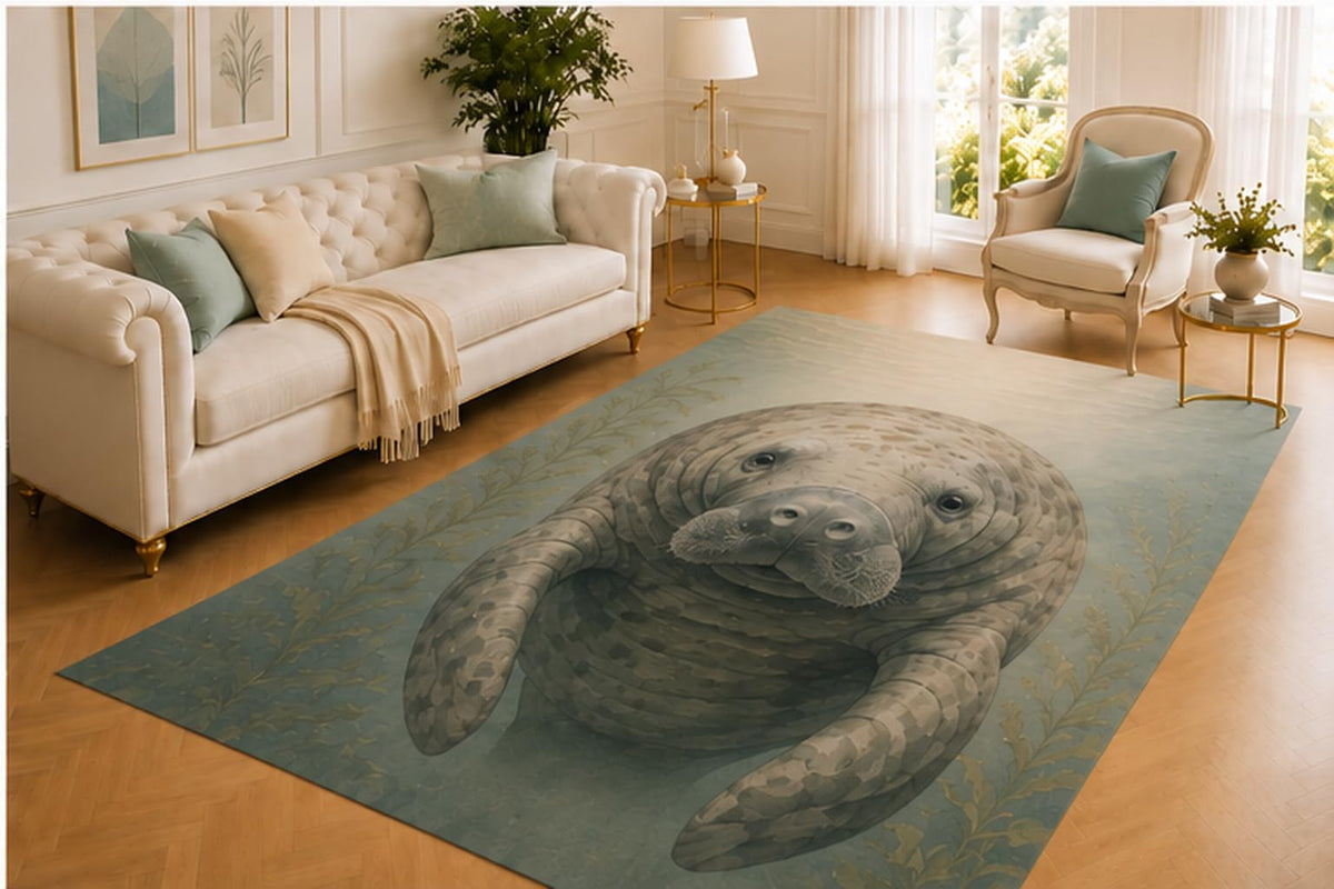 ICE ARMOR 5' x 7' Manatee Rug, Gentle Sea Cow in Tranquil Underwater Art, Smooth Printed Floor Cover for Living Room, Bedroom, Nursery and Coastal Decor