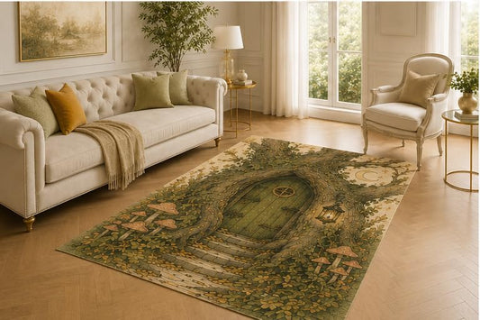 ICE ARMOR 5' x 7' Enchanted Tree Door Rug, Mushroom Path Lantern and Crescent Artwork, Smooth Printed Floor Cover for Nursery, Bedroom, Reading Nook and Fairy Decor