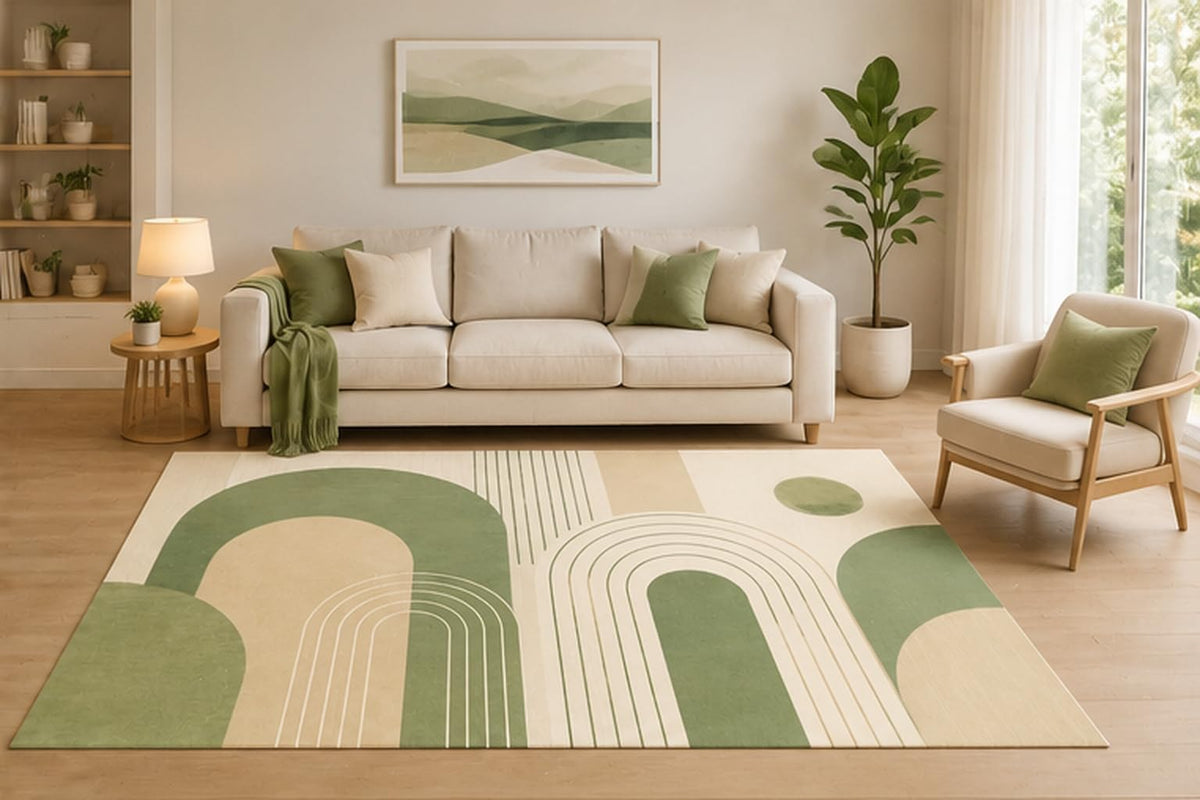 ICE ARMOR 5' x 7' Modern Arch Geometric Area Rug, Sage Green Beige Minimalist Abstract Rug for Living Room Bedroom, Non-Slip Silicone Backing, Low Pile Carpet