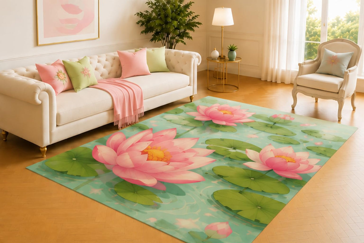 ICE ARMOR 5' x 7' Pink Lotus Pond Area Rug, Modern Water Lily Floral Design with Aqua Background, Soft Low Pile Carpet for Living Room Bedroom Nursery Meditation Room