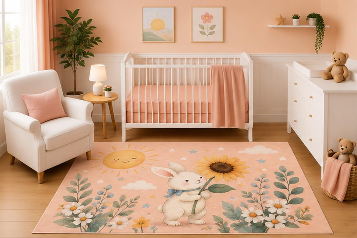ICE ARMOR 5' x 7' Bunny Sunflower Area Rug for Nursery Room, Watercolor Rabbit Sunflower Wildflowers Botanical Meadow Design for Baby Girl Bedroom, Non-Slip Silicone Backing Low Pile