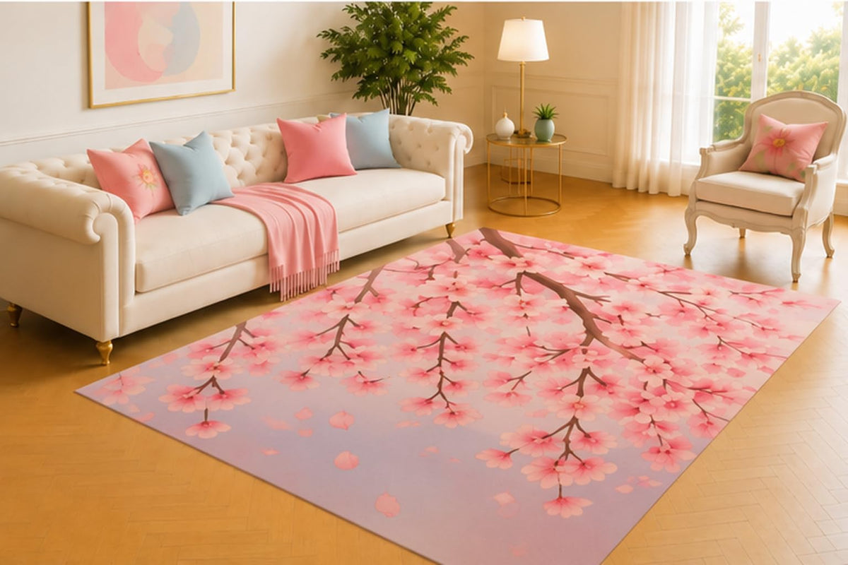 ICE ARMOR 5' x 7' Cherry Blossom Area Rug, Modern Sakura Branch Floral Design in Pink and Lavender, Soft Low Pile Carpet for Living Room Bedroom Nursery Spring Home Decor