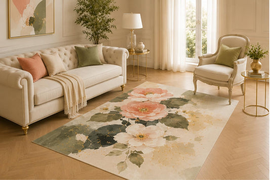 ICE ARMOR 5' x 7' Watercolor Peony Floral Area Rug for Living Room, Soft Low Pile Indoor Carpet with Non-Slip Backing for Bedroom, Dining Room, Office, Coral