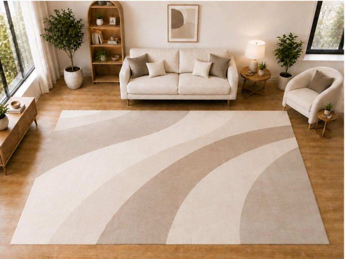 ICE ARMOR "Ultra Light Weight Large 6'7 x 9'10 Beige Soft Wave Pattern Area Rug for Living Room Bedroom Dining Room Soft Low Pile Indoor Carpet Modern Neutral Floor Decor