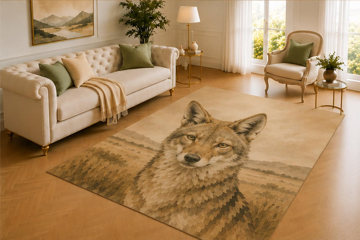ICE ARMOR 5' x 7' Coyote Rug, Western Prairie Wildlife Artwork with Distant Mountains, Smooth Printed Floor Cover for Living Room, Cabin, Lodge and Country Decor