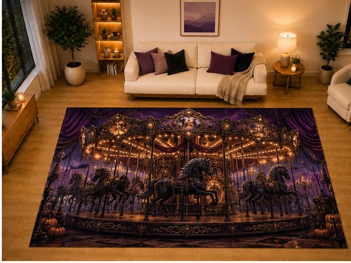 ICE ARMOR "Ultra Light Weight Large 6'7" x 9'10" Gothic Carousel Horse Area Rug for Living Room Bedroom Dining Area, Soft Low Pile Non-Slip Backing, Purple Black Carnival Halloween Decor