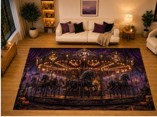 ICE ARMOR "Ultra Light Weight Large 6'7" x 9'10" Gothic Carousel Horse Area Rug for Living Room Bedroom Dining Area, Soft Low Pile Non-Slip Backing, Purple Black Carnival Halloween Decor