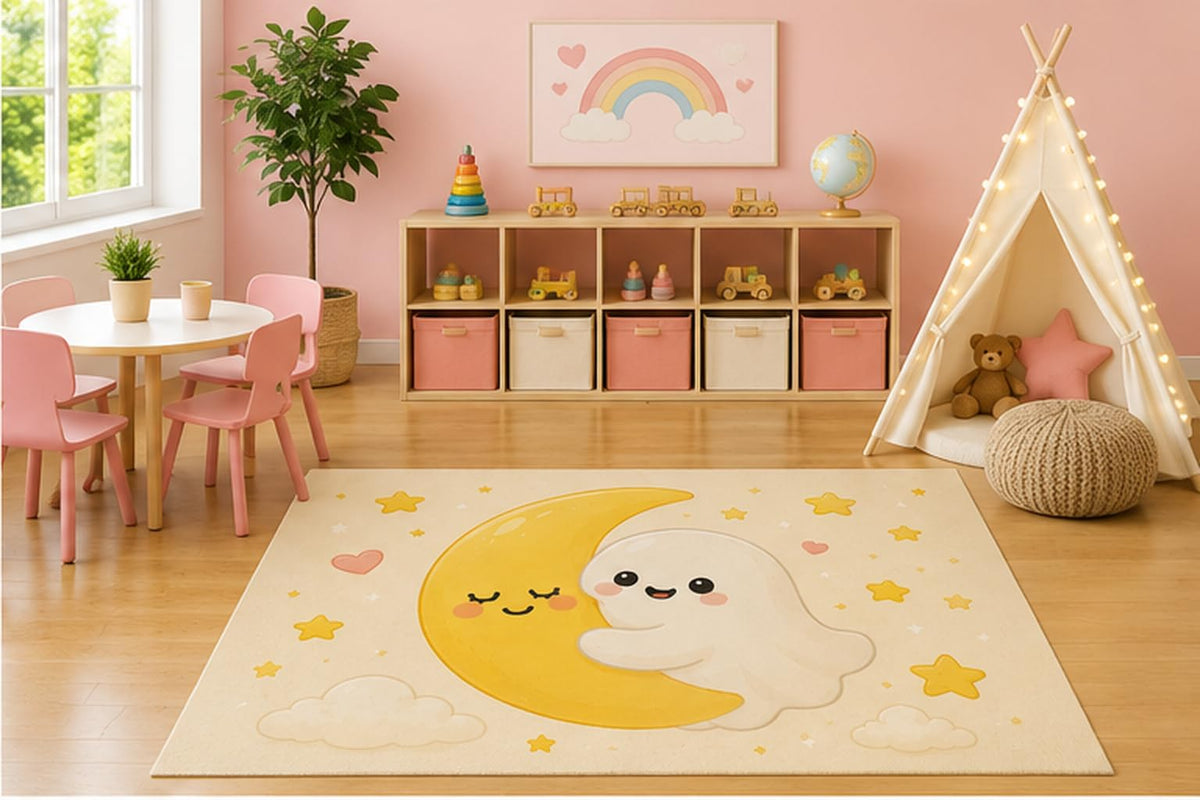 ICE ARMOR 5' x 7' Moon Hug Ghost Kids Area Rug, Cute Friendly Ghost Hugging Crescent Moon Kawaii Cartoon Playroom Nursery Bedroom Baby Room Decor, Non-Slip Silicone Backing Low Pile