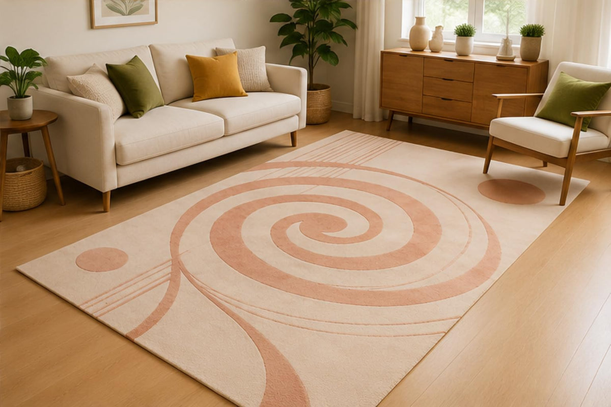 ICE ARMOR 5' x 7' Retro Spiral Abstract Area Rug for Living Room, Soft Low Pile Indoor Rug with Non-Slip Silicone Backing, Decorative Carpet for Bedroom, Office, Family Room, Blush Peach Ivory