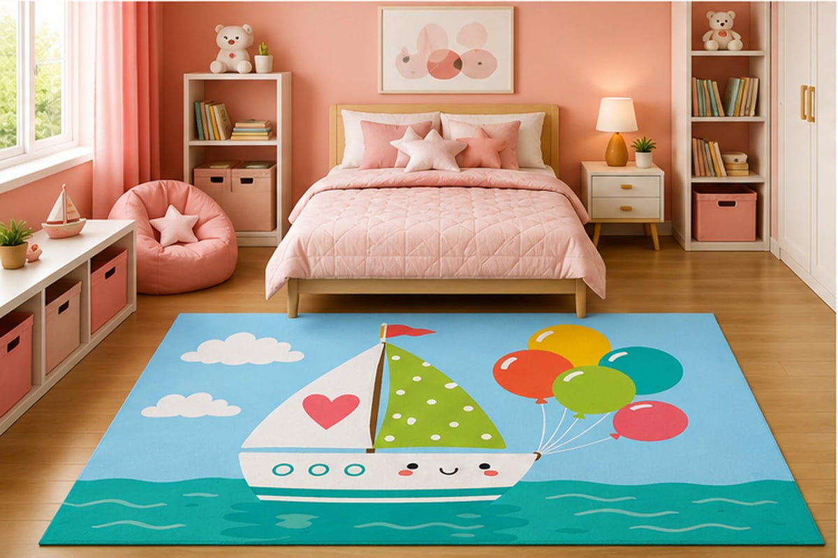 ICE ARMOR 5' x 7' Cute Sailboat with Balloons Area Rug for Kids Bedroom Nursery Playroom Scandinavian Minimalist Nautical Ocean Adventure Decor Non-Slip Silicone Backing Low Pile