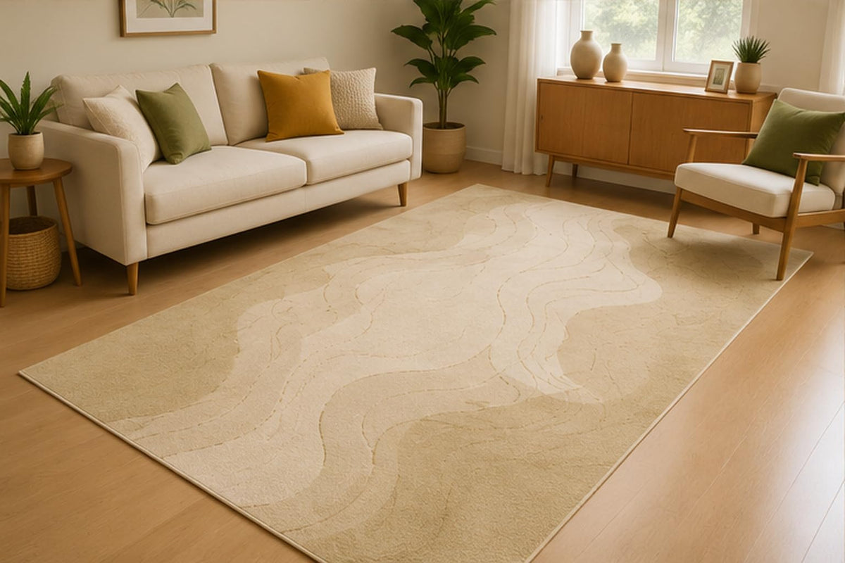 ICE ARMOR 5' x 7' Organic Flow Abstract Area Rug for Living Room, Soft Low Pile Indoor Rug with Non-Slip Silicone Backing, Contemporary Carpet for Bedroom, Office, Family Room, Beige Sage