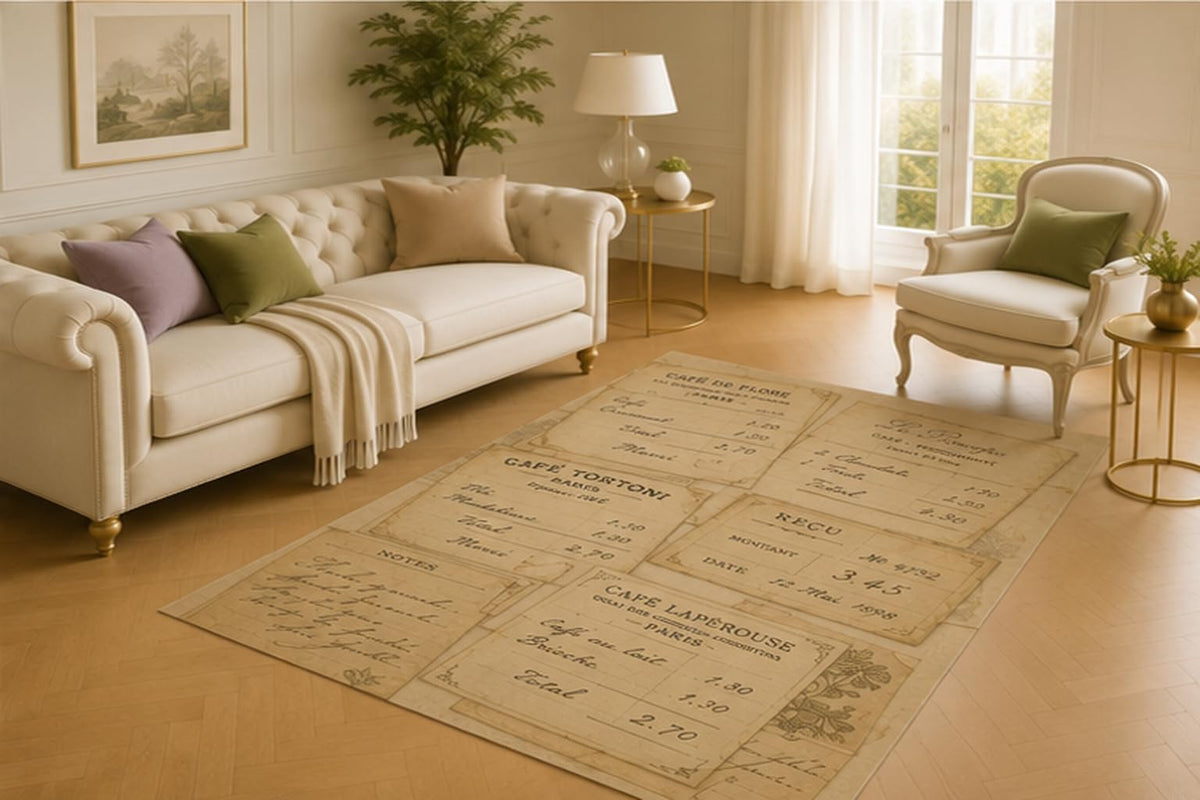ICE ARMOR 5' x 7' Antique French Receipt Collage Area Rug for Living Room, Soft Low Pile Carpet with Non-Slip Silicone Backing for Bedroom, Study, Office, Kids and Pets