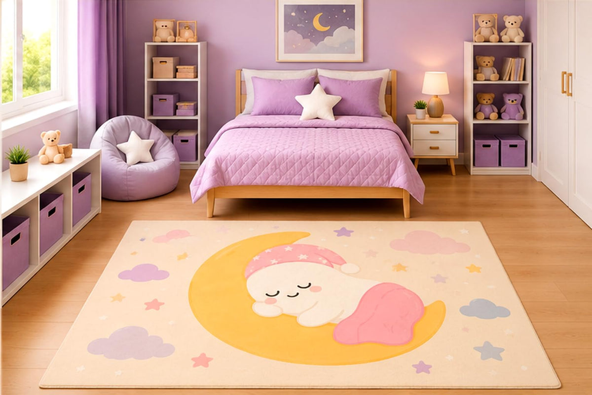 ICE ARMOR 5' x 7' Sleeping Ghost on Crescent Moon Area Rug for Kids Bedroom Nursery Playroom Scandinavian Minimalist Kawaii Celestial Nursery Decor Non-Slip Silicone Backing Low Pile