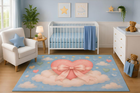 ICE ARMOR 5' x 7' Watercolor Heart on Clouds Nursery Area Rug, Pastel Sky Stars Celestial Kids Bedroom Playroom Decor Carpet, Non-Slip Silicone Backing Low Pile
