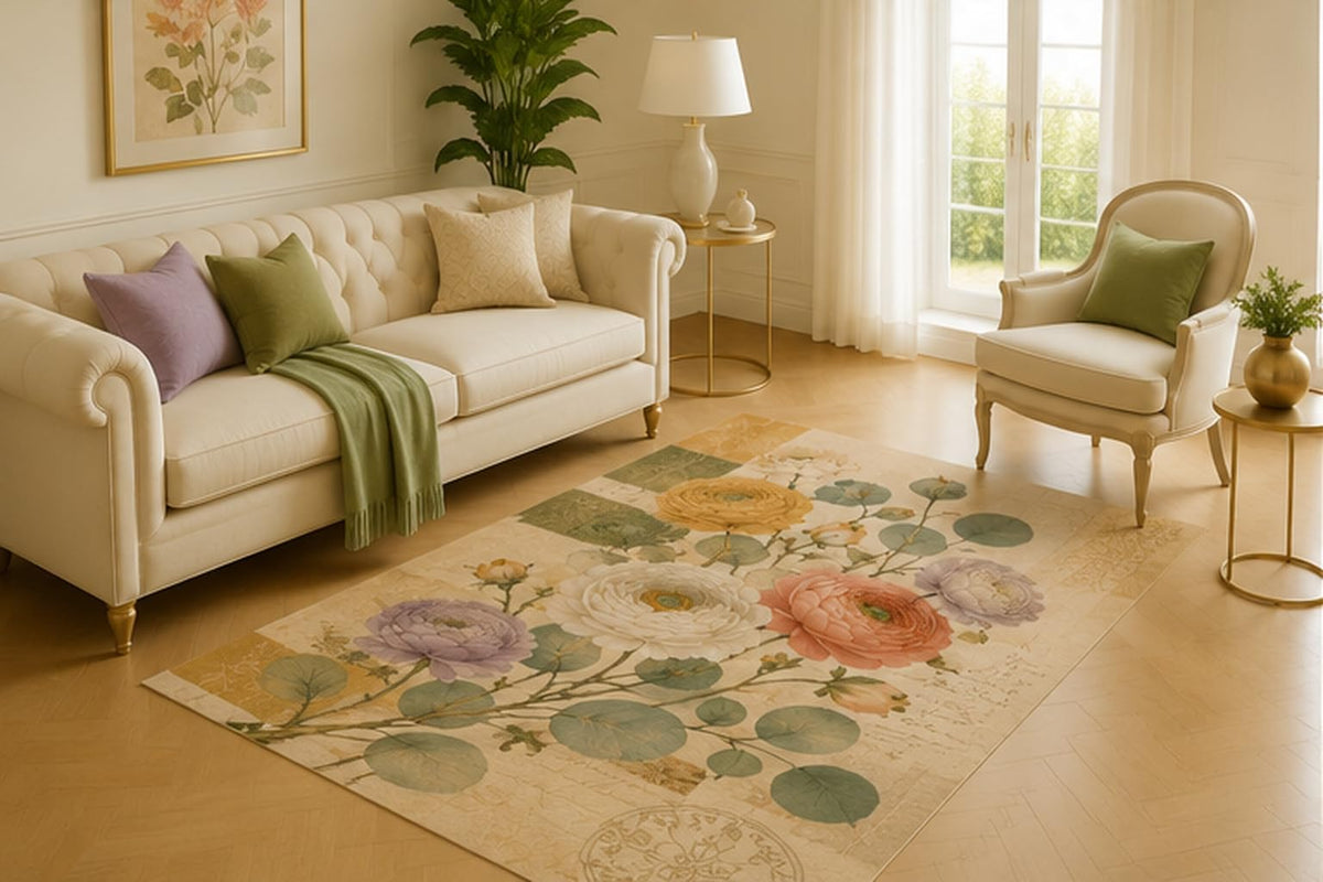 ICE ARMOR 5' x 7' Ranunculus Eucalyptus Collage Area Rug for Living Room, Soft Low Pile Floor Mat with Non-Slip Silicone Backing for Bedroom, Office, Kids and Pets