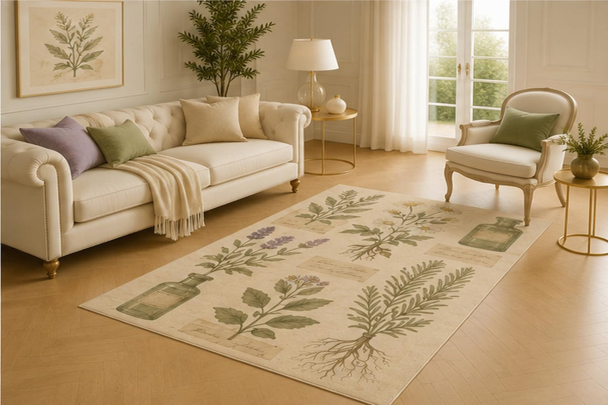 ICE ARMOR 5' x 7' Herbal Apothecary Botanical Area Rug for Living Room, Soft Low Pile Floor Cover with Non-Slip Silicone Backing for Bedroom, Dining Room, Office, Kids and Pets
