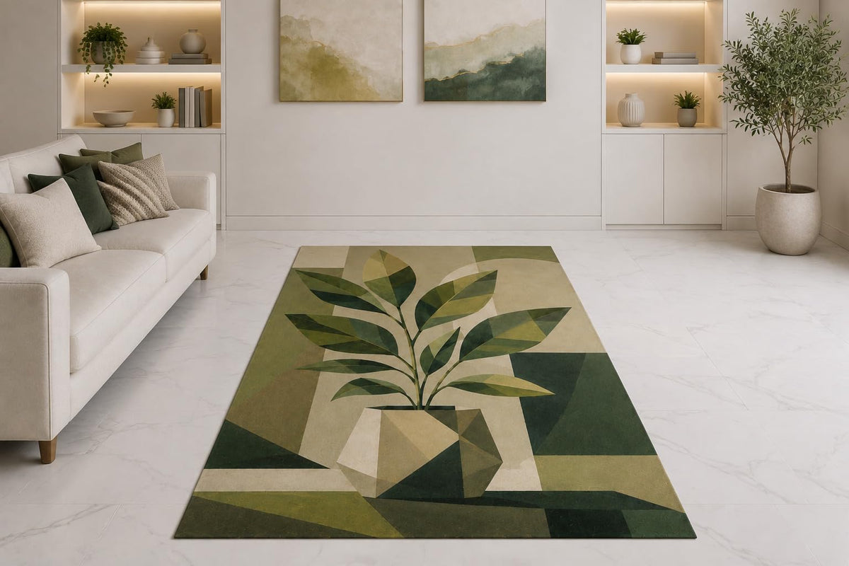 ICE ARMOR "Ultra Thin 5' x 7" Geometric Plant Vase Area Rug for Living Room, Bedroom and Home Office, Soft Low Pile Carpet with Non-Slip Silicone Backing, Green and Beige