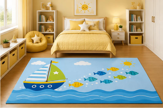 ICE ARMOR 5' x 7' Sailboat with Colorful Fish Area Rug for Kids Bedroom Nursery Playroom Scandinavian Minimalist Nautical Ocean Coastal Decor Non-Slip Silicone Backing Low Pile