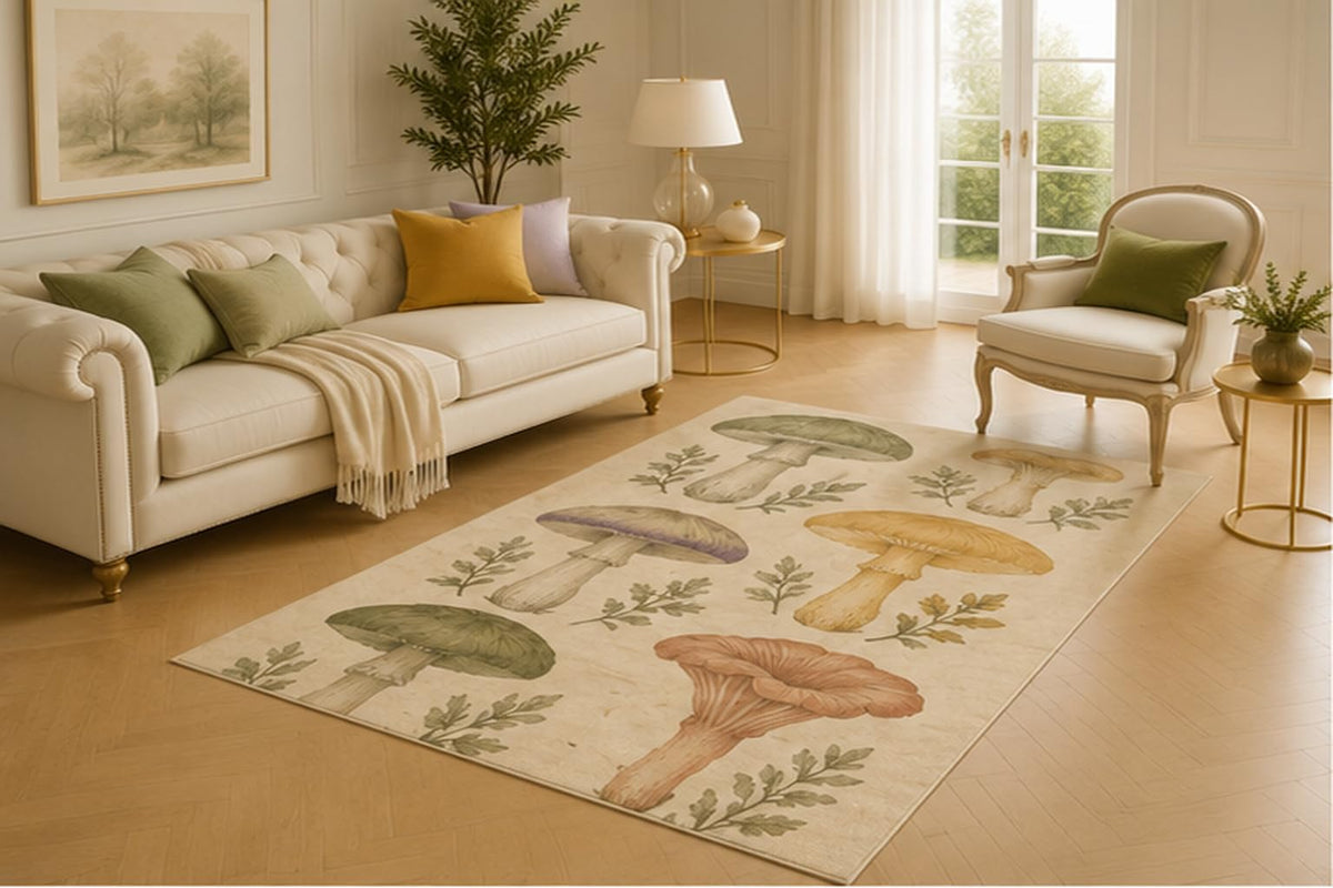ICE ARMOR 5' x 7' Woodland Mushroom Illustration Area Rug for Living Room, Soft Low Pile Carpet with Non-Slip Silicone Backing for Bedroom, Dining Room, Office, Kids and Pets