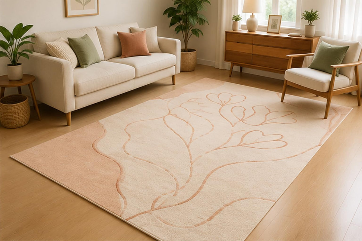 ICE ARMOR 5' x 7' Minimal Floral Line Art Area Rug for Living Room, Soft Low Pile Indoor Rug with Non-Slip Silicone Backing, Botanical Carpet for Bedroom, Office, Family Room, Blush Ivory