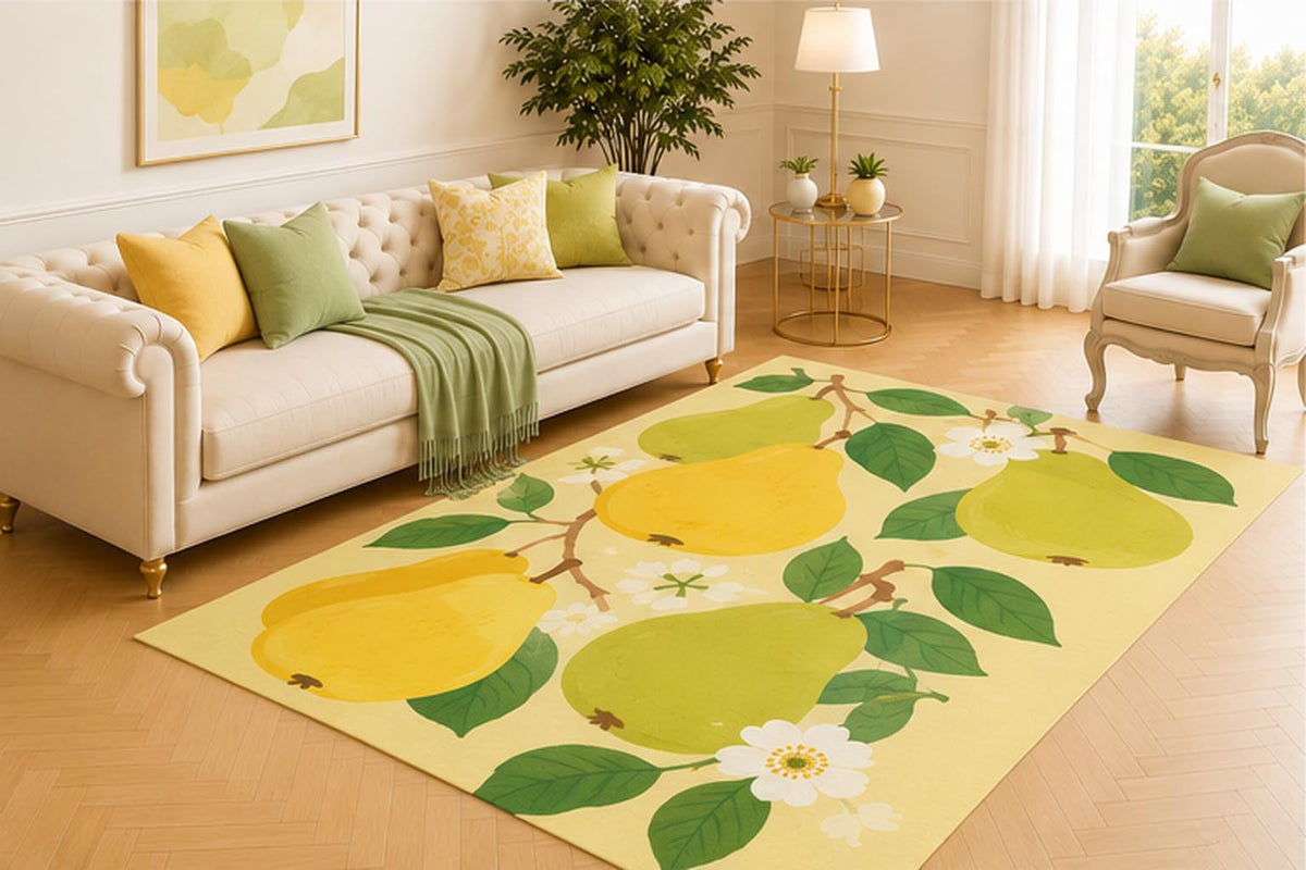 ICE ARMOR 5' x 7' Pear Blossom Area Rug, Modern Green and Yellow Pear Fruit Botanical Design with White Flowers, Soft Low Pile Carpet for Living Room Kitchen Dining Room Decor