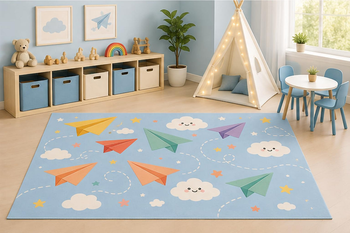 ICE ARMOR 5' x 7' Paper Airplanes Area Rug for Kids Playroom Nursery Bedroom, Colorful Origami Planes Clouds Sky Adventure Cartoon Carpet, Non-Slip Silicone Backing Low Pile
