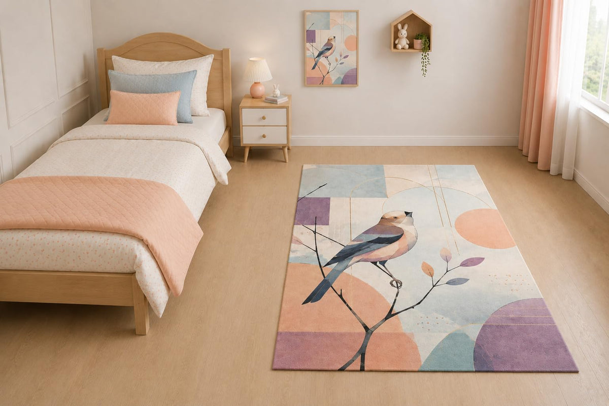 ICE ARMOR "Ultra Light Weight 5' x 7' Geometric Perched Bird Area Rug for Living Room, Bedroom and Home Office, Soft Low Pile Carpet with Non-Slip Silicone Backing, Peach and Blue