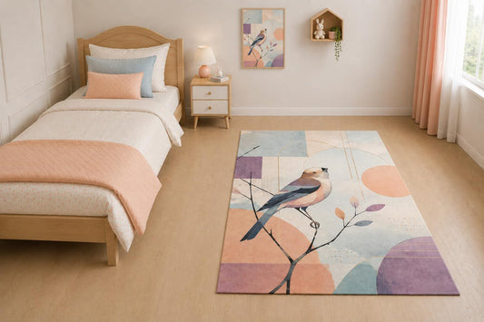 ICE ARMOR "Ultra Light Weight 5' x 7' Geometric Perched Bird Area Rug for Living Room, Bedroom and Home Office, Soft Low Pile Carpet with Non-Slip Silicone Backing, Peach and Blue