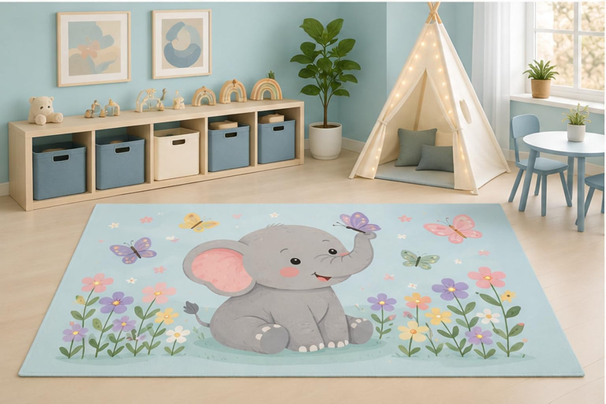 ICE ARMOR 5' x 7' Cute Elephant Butterfly Garden Area Rug for Kids Playroom Nursery Bedroom, Pastel Floral Animal Cartoon Carpet, Non-Slip Silicone Backing Low Pile