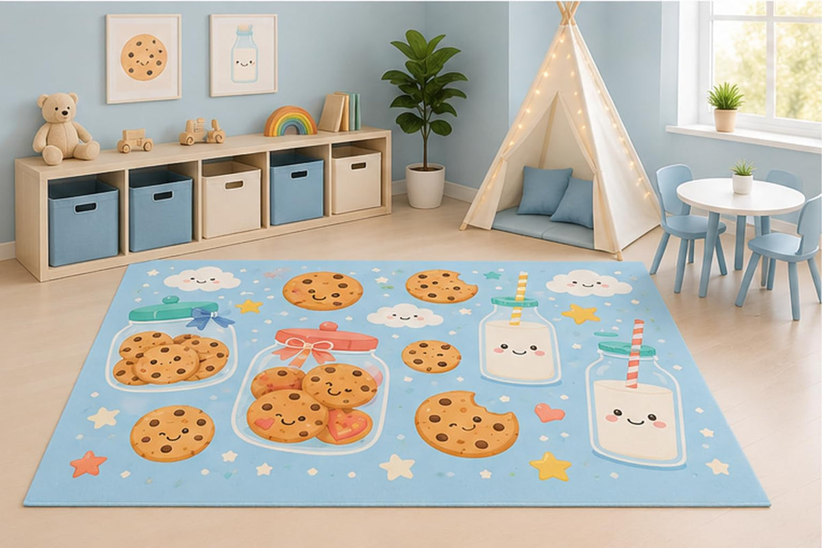 ICE ARMOR 5' x 7' Cookie Jar and Milk Area Rug for Kids Playroom Nursery Bedroom, Chocolate Chip Cookies Mason Jars Kawaii Dessert Cartoon Decor, Non-Slip Silicone Backing Low Pile