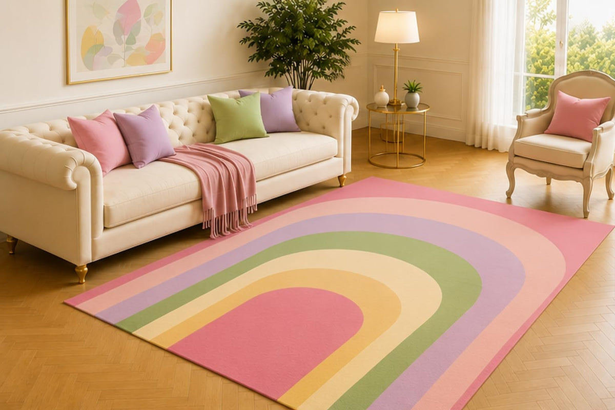 ICE ARMOR 5' x 7' Boho Rainbow Area Rug, Modern Arch Design with Pink Lavender Sage Green Yellow and Cream, Soft Low Pile Carpet for Nursery Bedroom Playroom Living Room