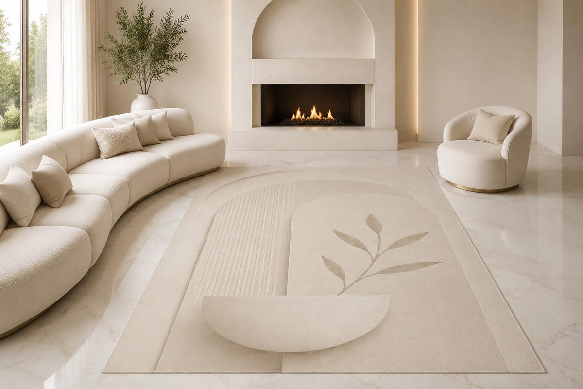 ICE ARMOR "Ultra Lightweight Large 6'7" x 9'10" Minimal Zen Bowl Area Rug for Living Room, Bedroom and Home Office, Soft Low Pile Carpet with Non-Slip Silicone Backing, Ivory and Cream