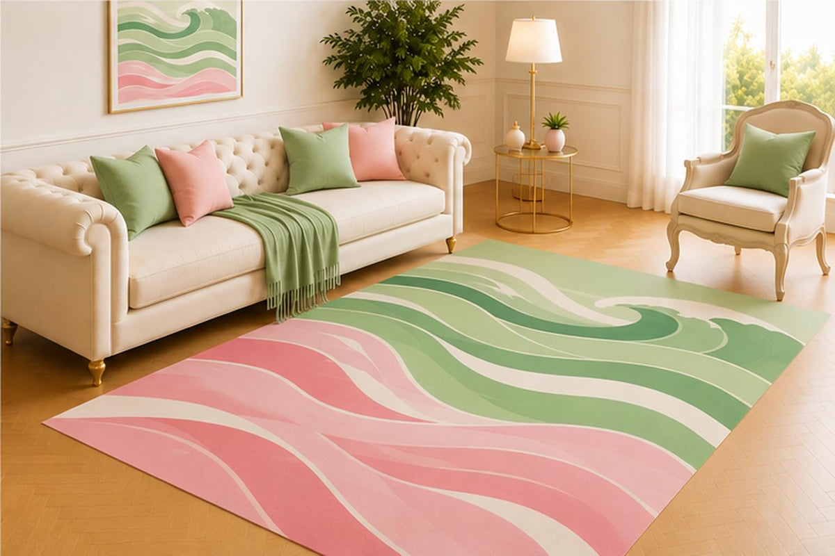 ICE ARMOR 5' x 7' Coastal Flow Area Rug, Modern Ocean Inspired Curved Design with Sage Green Pink and Cream, Soft Minimalist Low Pile Carpet for Living Room Bedroom Nursery