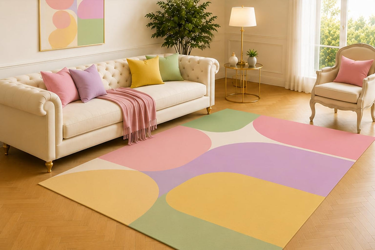 ICE ARMOR 5' x 7' Curved Color Block Area Rug, Modern Geometric Design in Pink Lavender Sage Green Yellow and Cream, Soft Low Pile Carpet for Living Room Bedroom Office