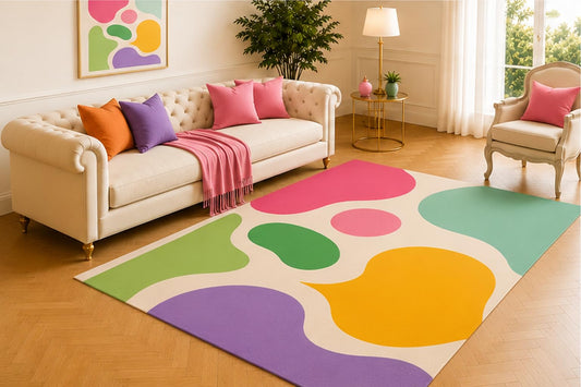 ICE ARMOR 5' x 7' Freeform Shapes Area Rug, Modern Color Block Design in Pink Purple Green Yellow and Cream, Soft Minimalist Carpet for Living Room Bedroom Playroom