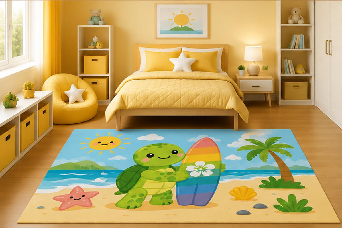 ICE ARMOR 5' x 7' Cute Surfing Sea Turtle Area Rug for Kids Bedroom Nursery Playroom Scandinavian Minimalist Beach Ocean Coastal Decor Non-Slip Silicone Backing Low Pile