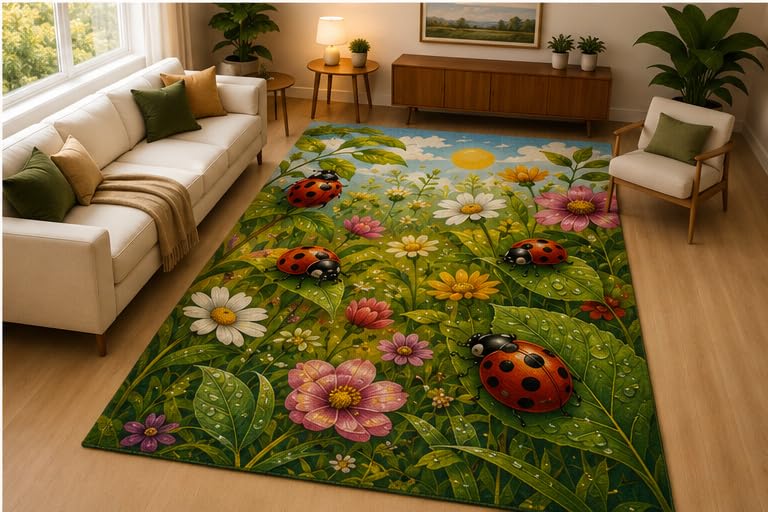ICE ARMOR 5' x 7' Ladybug Flower Garden Area Rug Soft Low Pile Indoor Rug with Non Slip Silicone Backing Insect Nature Decor Carpet for Living Room Bedroom Kids Room Playroom Green