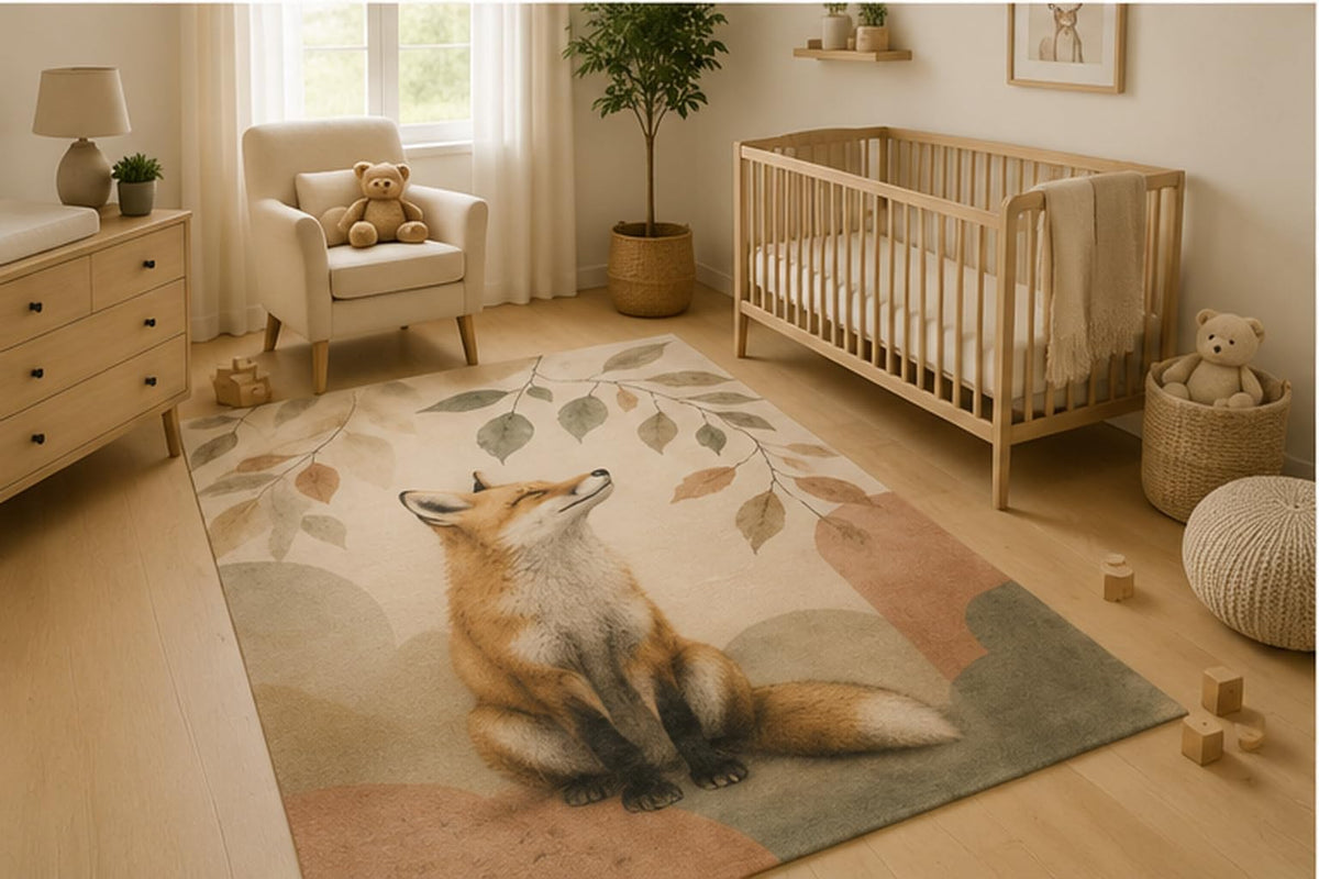 ICE ARMOR 5' x 7' Woodland Fox Area Rug Soft Low Pile Indoor Rug with Non-Slip Silicone Backing Forest Animal Decor Carpet for Nursery Kids Room Playroom Bedroom Kids and Pets Beige Sage